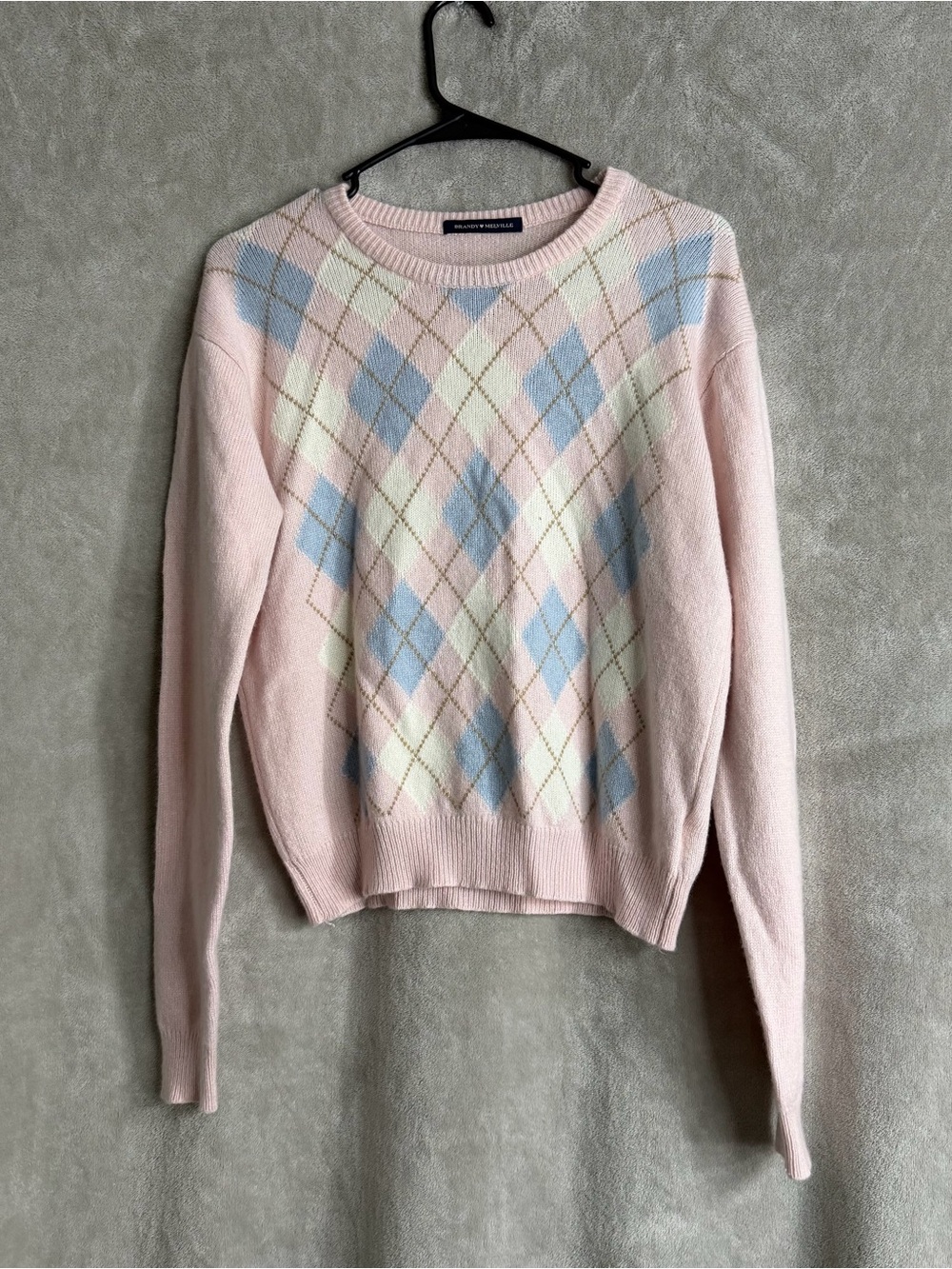Brandy Melville Pink and Blue Argyle Knit Abi Crewneck Sweater
